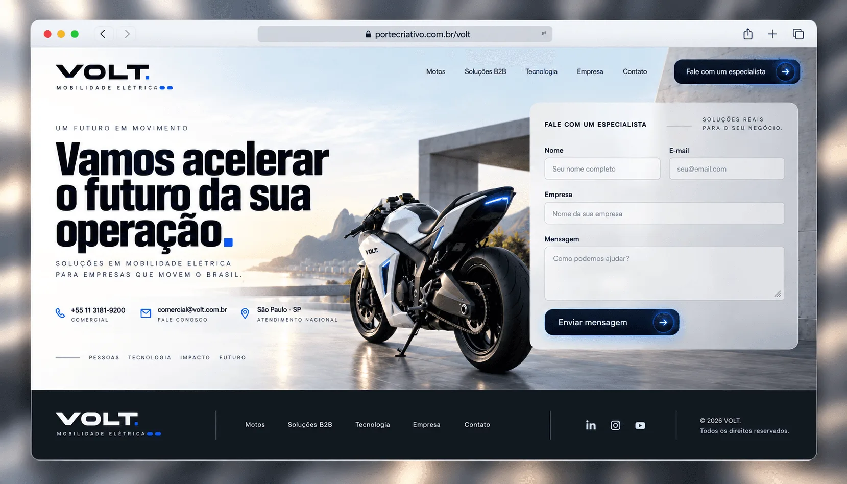 Mockup do site Volt EV em desktop — página Contato