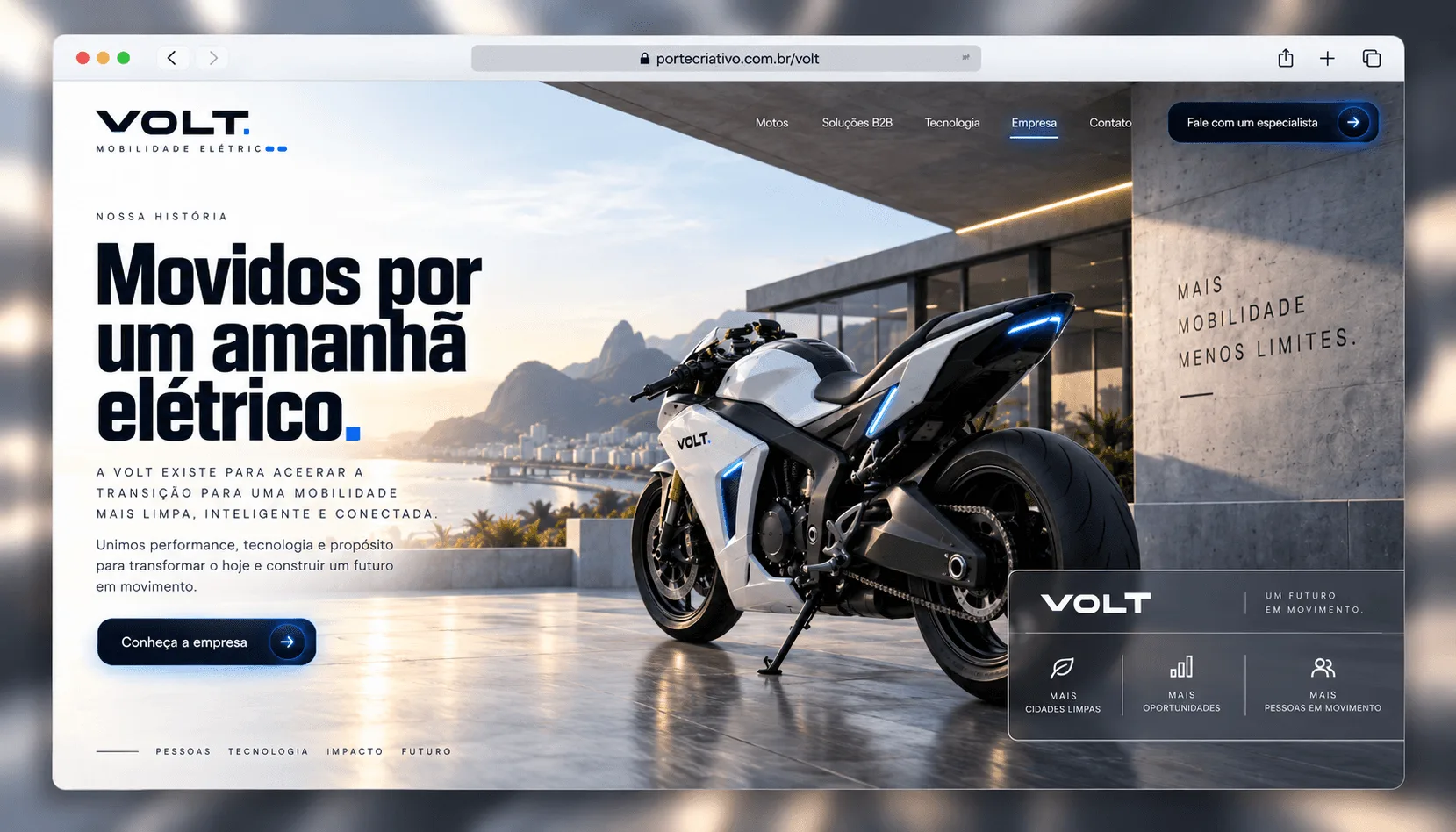 Mockup do site Volt EV em desktop — página Empresa