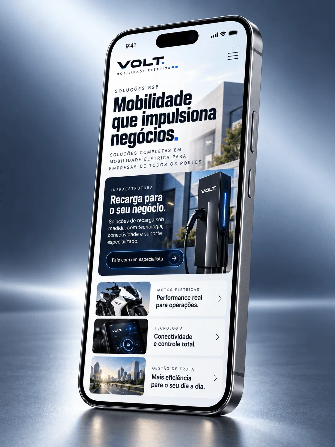Mockup do site Volt EV em mobile — página B2B